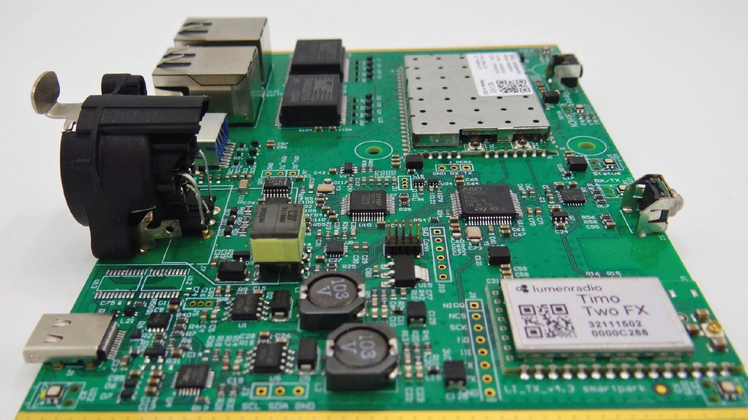 Board with integrated LumenRadio Timo Two FX module
